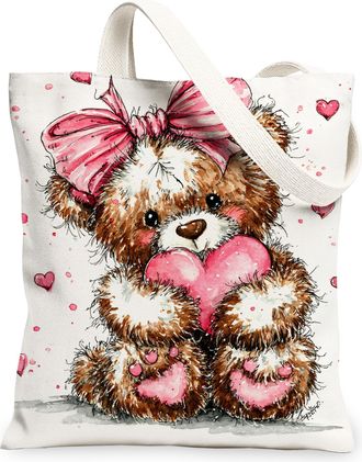 Generic Cute Bear Canvas Tote Bags, Adorable Animal Pattern Reusable Grocery Bags, ValentineS Day Lightweight Washable Shoulder St, Peach, 13x15 Inch