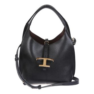 Tod's Tods, Shoulder Bags, female, Black, Size: ONE SIZE Black Hammered Leather Bag with T Timeless Pendant
