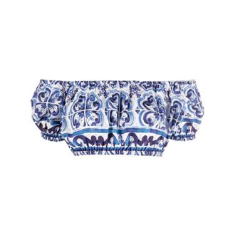 Dolce & Gabbana Blouses, female, Blue, Size: S Majolica-print Poplin Crop Top
