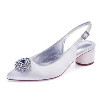 Generic Slingback Wedding Heels Womens Bridal Pointed Toe Chunky Heels Prom Evening Formal Party Pumps Shoes 4.5Cm,White,5 UK