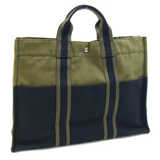 Herm&egrave;s Navy Olive Cotton Canvas Tote Bag (Pre-Owned)