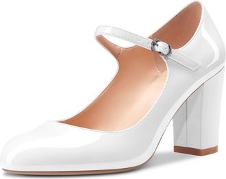 Castamere Women Mid Chunky Block Heel Round Toe Pumps Court Shoe Mary Jane Ankle Strap Office Party Dress Shoes 8.5 CM Heels White 9 UK