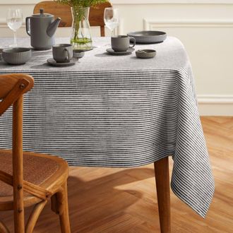 Solino Home Linen Tablecloth for Dining Table, Holiday and Everyday Dining Table Decor - Narrow Stripe in Black And White at Nordstrom, Size X-Small