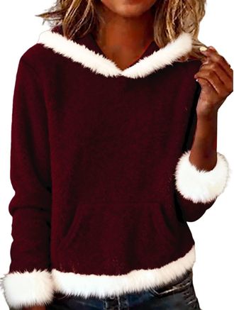 Generic Women Fleece Hoodie Faux Fur Trim Hooded Sweatshirts Warm Long Sleeve Cozy Soft Plain Pullover(Wine, XXL)