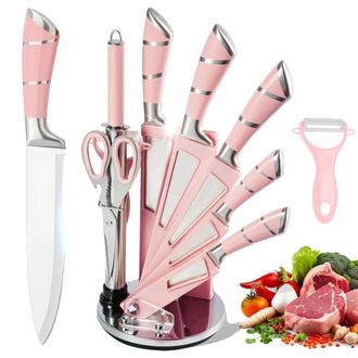 OEM Juego De Cuchillos De Cocina De Calidad Profesional, Colecci&oacute;n Completa De 9 Piezas, Color Rosa