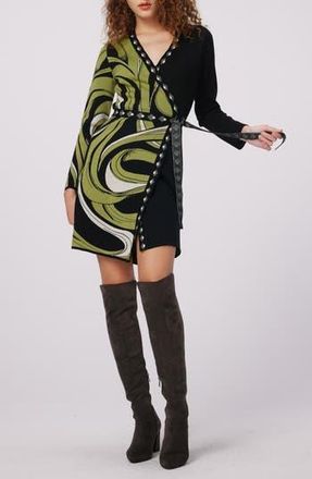 Diane Von F&uuml;rstenberg Aubrey Mixed Print Long Sleeve Knit Wrap Dress in Cass Tape Shadow Gn Huge/blk at Nordstrom Rack, Size X-Large