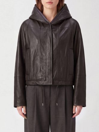 Sportmax Hooded Cropped Leather Jacket with Concealed Zip and Drawstring