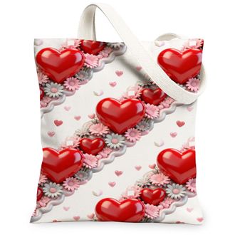 Generic Heart Floral Canvas Tote Bags, Romantic Flower Pattern Reusable Grocery Bags, Spring Vintage Lightweight Washable Shoulder, White, 13x15 Inch