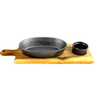 Gibson Home Gracious Dining 3-Piece Reactive Fine Ceramic Bowl Set With Acacia Wood Tray in Grey at Nordstrom