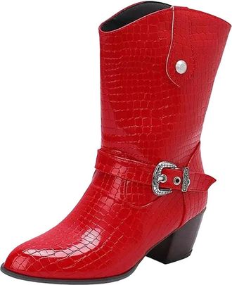 Generic Womens Fashion Mid Calf Boots Round Toe High Chunky Heel Slip On With Metal Belt Buckle For Dating And Parties