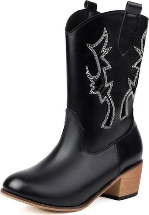 Generic Womens Closed Round Toe Western Cowboy Boots Low Chunky Heel Long Boots Embroidered Wide Calf Cowgirl Boot,Black,4.5 UK