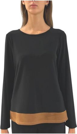 Joseph Ribkoff Rechte Silky-Knit Top met su&egrave;de leren kleurvlakken - Dames - Longsleeves - Zwart - L - Su&egrave;de - Tops