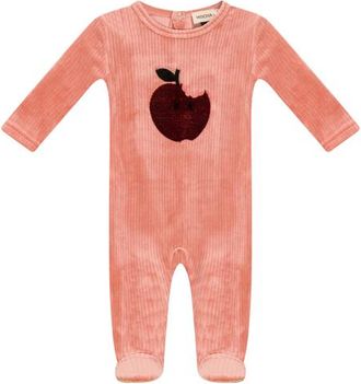 Mocha Apple Print Cotton Velour Romper in Clay at Nordstrom, Size 3M