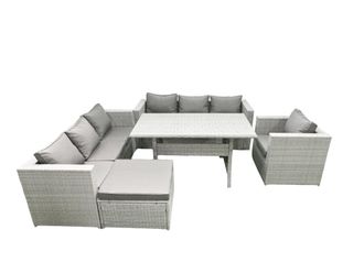 Fimous 5 Pieces Outdoor Rattan Sofa Set with Cushions Patio Garden Furniture Sets with Armchair Dining Table Big Footstool in Light Grey