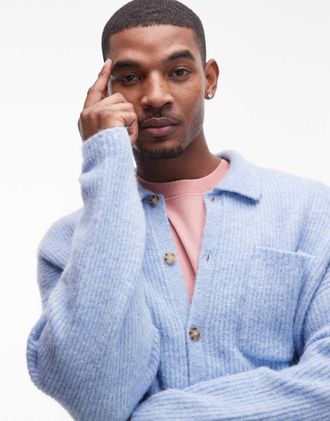 Topman Cardigan comodo spazzolato azzurro con colletto-Blu