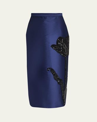 Erdem Embroidered Satin Midi Pencil Skirt
