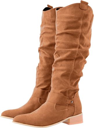 Generic Knee High Boots Women Suede Wide Calf Western Cowgirl Boots Side Zipper Retro Chunky Low Heel Booties Round Toe Outdoor Shoes (Brown,5.5)