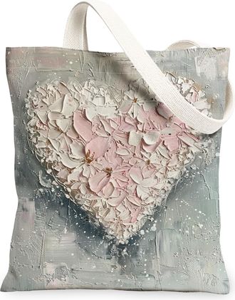 Generic Heart Floral Canvas Tote Bags, Flower Design Reusable Grocery Bags, Spring Vintage Chic Lightweight Washable Shoulder Strap, Gray, 13x15 Inch