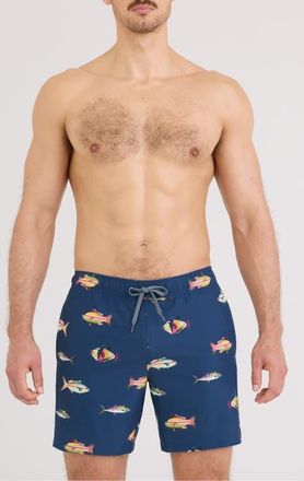 Saxx Oh Buoy 2N1 7-Inch Volley Swim Trunks in Gulf Fish-Dark Denim at Nordstrom, Size Xx-Large