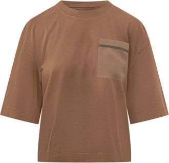 Brunello Cucinelli Katoenen jersey T-shirt met glimmende tab - Dames - T-shirts - Bruin - L - Katoen - Tops