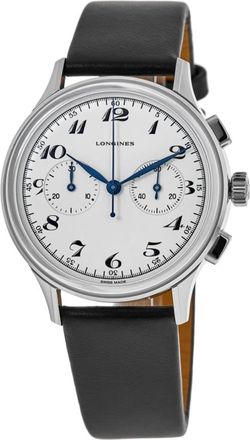 Longines Heritage Chronograph Silver Dial Black Leather Strap Mens Watch