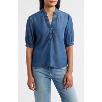 Cloth & Stone Puff Sleeve Half Placket Chambray Top in Dark Twilight Wash at Nordstrom Rack, Size X-Small