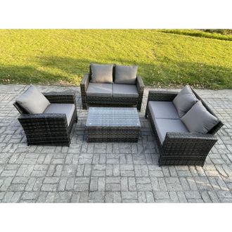 Fimous Wicker Rattan Garden Furniture Sofa Set with Rectangular Coffee Table Double Seat Sofa Chair 5 Seater Outdoor Rattan Set Dark Grey Mixed - Fimous