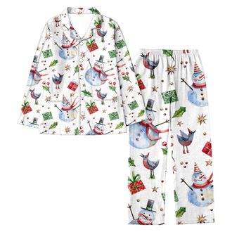 Generic 2026 Christmas Women Lapel Full Print Santa Holiday Casual Snowflakes Long Sleeve Pant Set (White, XXL)