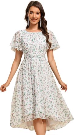 Ever-pretty Womens Chiffon Crew Neck Pleated Waist Short Sleeve Wedding Guest Dress Bridesmaids Printed Floral White and Green 16UK