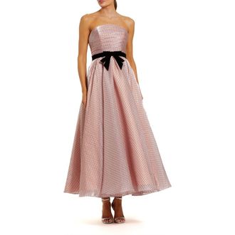 Mac Duggal Polka Dot Organza Strapless Bow Detail Ankle Dress in Rose Pink at Nordstrom, Size 10