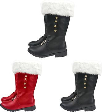Generic Snow Boots Mens Christmas Santa Claus Boots With Side Zip Mid-Calf Winter Boot Buckle Strap Xmas Booties Solid Color Fuzzy Trim Bootie Non Slip Cospla