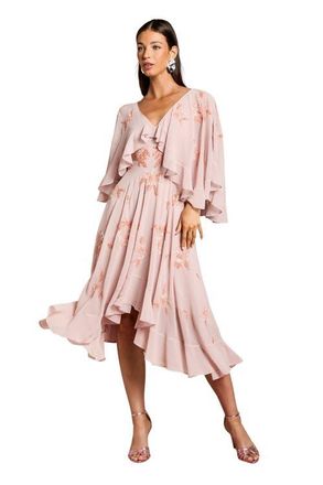 Coast Embellished Frill Cape Midi Dress in Nude at Nordstrom, Size 4