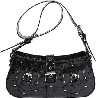 Generic Cymwer Women PU Leather Rivet Sling Bag Belt Buckle Underarm Bag Date Handbag (Black)