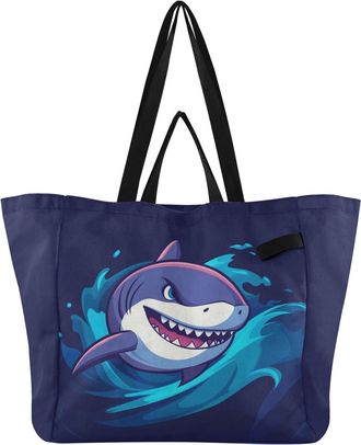 Generic Shark Water Splash Blue print Reusable Canvas Tote Bag, Heavy Duty Grocery Shopping Bag with Large Capacity Double Handles Hard Bottom Work Groceries 