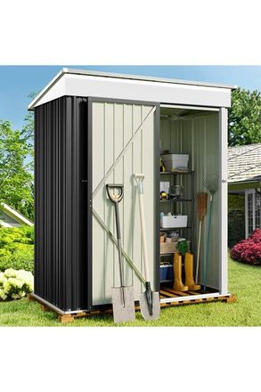 Living and Home 5 x 3 ft Black Metal Shed Garden Storage Shed Pent Roof Lockable Door with Tool Storage Shelves