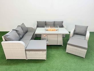 Fimous 9 Seater Poly Rattan Outdoor Garden Furniture Firepit Dining Table Sofa Set Patio 3 Seater Sofa Reclining Chair 3 Seater Sofa 2 Big Footstools