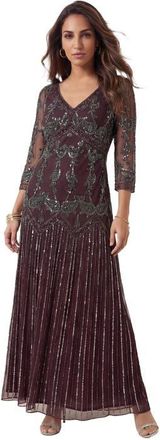 Roaman's Plus Size Beaded V-Neck 3/4 Sleeve Sleeve Maxi Gown in Dark Berry at Nordstrom, Size 42