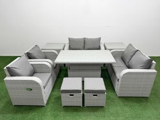 Fimous 8 Seater Outdoor Reclining Chair Love Sofa Set Rattan Garden Furniture Set w/ Adjustable Lifting Dining or Coffee Table 2 Stools 2 Side Table
