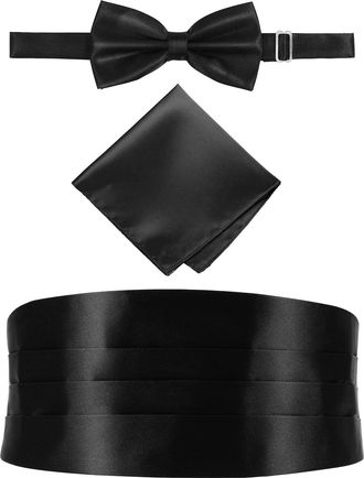 WINOMO 3pcs Mens Ties Cummerbunds & Pocket Squares Self Tie Bow For Men Cummerbund Set Satin And Square Suit Accessories Mens 1920s Cumberband Formal Accesso