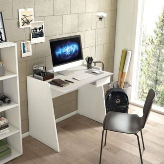 Dmora Escritorio Darin, Escritorio Moderno Con Caj&oacute;n, Mesa De Estudio U Oficina Para Porta Libros De Pc, 100% Made In Italy, 90x60h80 Cm, Blanco Y Cemento -