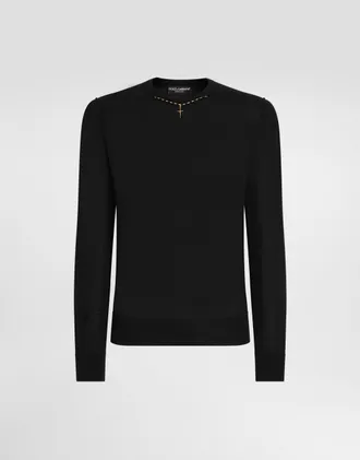 Dolce & Gabbana Round-neck Silk Sweater With Bejeweled Detailing - Man Sweaters And Cardigans Black 46