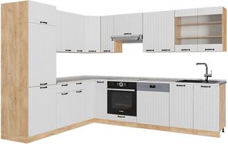 Vicco Cocina esquinera Fame-Line, Blanco casa de campo, 227 x 60 cm, ET Mármol, Vicco