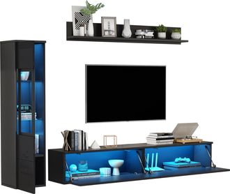 STILVORA Mueble Tv Con Vitrina Y Estante De Pared, Led, Apertura Sin Tiradores, Para Sal&oacute;n, En Tablero De Part&iacute;culas, Negro