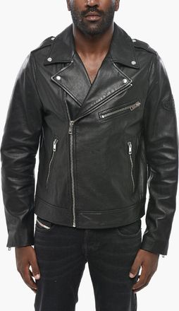 Diesel Leather Biker Jacket L-GARRETT-R-NEW with Silver-effect Buttons Diesel