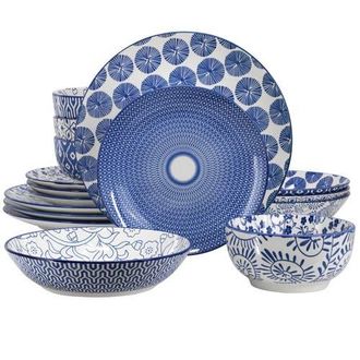 Elama Aurora 16 Piece Assorted Porcelain Double Bowl Dinnerware Set in Blue at Nordstrom