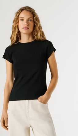 Pepe Jeans London T-Shirt PEPE JEANS MERIDA, Damen, Gr. XL, schwarz, Feinripp, Obermaterial: 95% Baumwolle, 5% Elasthan, bestickt, unifarben, h&uuml;ftlang, Rundhals, abgest