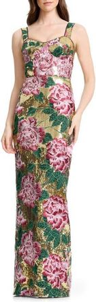 Dress The Population Reese Embroidered Floral Sequin Sheath Gown in Gold Multi at Nordstrom, Size X-Large