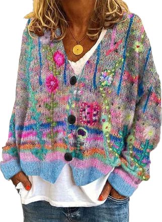 Generic Fall Cotton Knitted Cardigan V-Neck Sweater Jacket,Casual Stretch Daisy Flower Cardigan Sweater for Women (Pattern 06,XL)