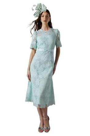 Coast Lace Bow Belt Midi Dress in Sage at Nordstrom, Size 8