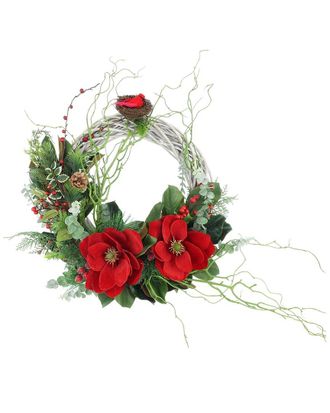Creative Displays Inc. Handcrafted 25In Holiday Wreath With Magnolias, Eucalyptus & Birds Nest